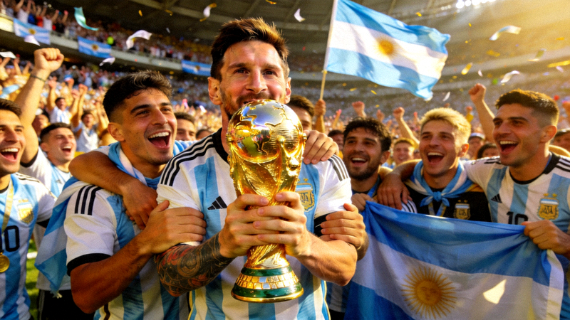 梅西捧起世界杯冠军奖杯 - 阿根廷队庆祝时刻